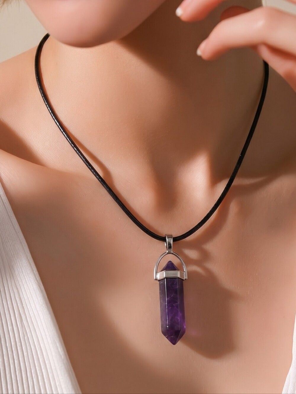 Amethyst Hex Crystal Point Pendant Necklace Double Terminated Gemstone